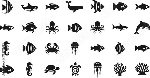 Collection of silhouettes of various marine animals and sea creatures isolated on transparent background