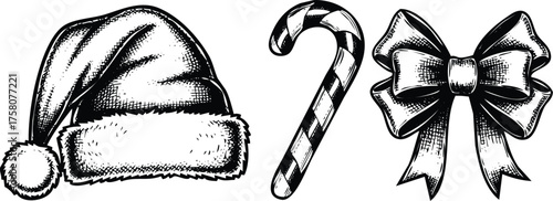 Festive Christmas elements: Santa hat, a candy cane, and a bow in black and white ink.