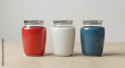 Three glass jars filled with red white and blue paint on a table