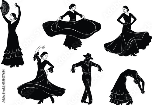 Flamenco dancer silhouettes, traditional Spanish attire, dramatic poses, fan, ruffled dress, male and female figures, vector illustration, cultural dance art