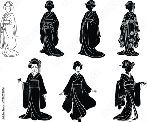 Traditional Japanese kimono women, cultural fashion, hairstyle, accessories, silhouette and detailed illustration, elegant poses, vector art, heritage design, beauty