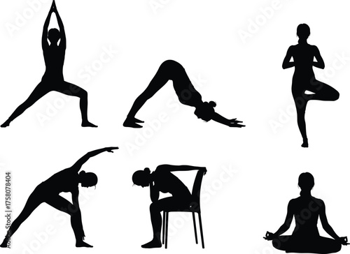Yoga pose silhouettes, meditation, stretching, balance, flexibility, mindfulness, fitness exercise, black icons, vector illustration, wellness activity, body movement
