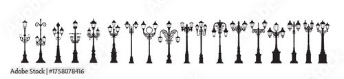 Set of vintage style street lamp silhouettes in various