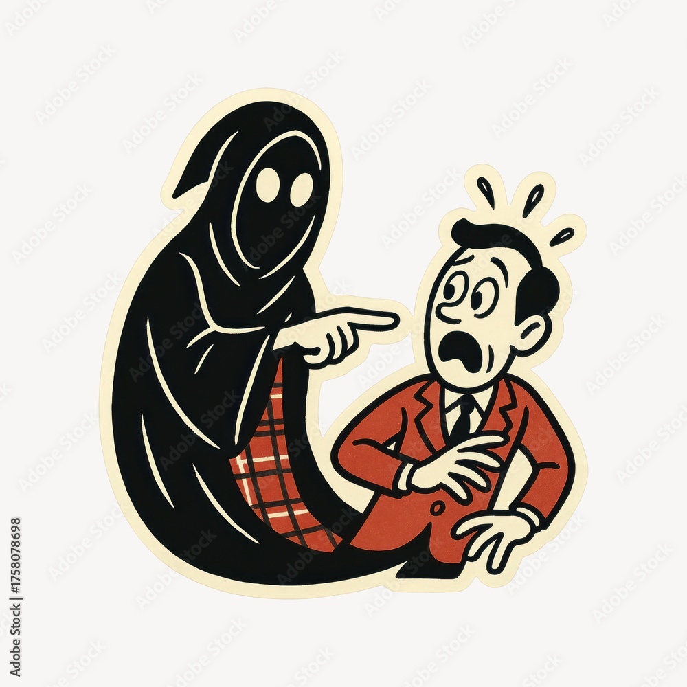 Naklejka premium Retro ghost scares surprised man.