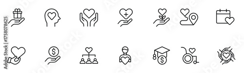 A Complete Icon Set for Charity Organizations, Fundraising Events, Nonprofit Campaigns, Donation Drives, Volunteer Programs, Social Justice, and Community Support Activities
