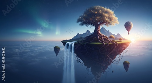 Fantasy island with a tree and hot air balloons at sunset