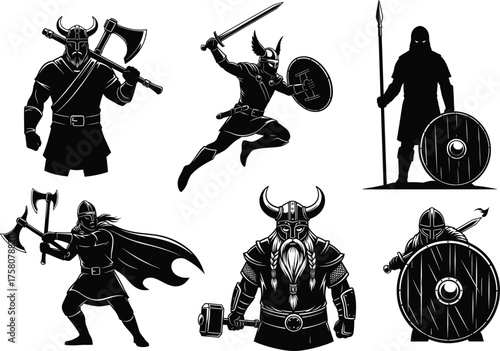 Viking warrior silhouettes, axe, sword, shield, horned helmet, battle stances, Norse mythology, black icons, vector illustration, historical fighters