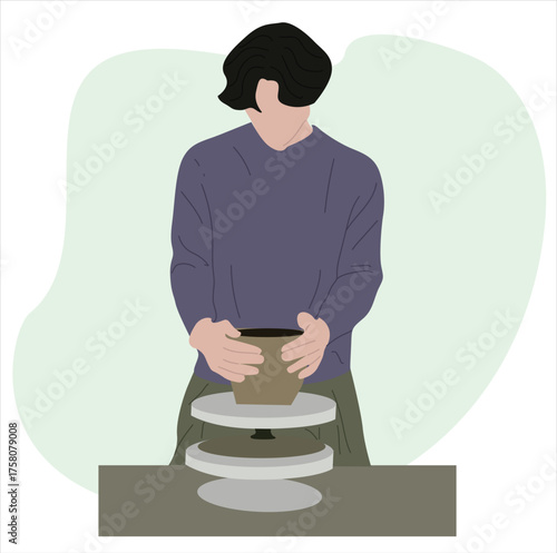 vektor Master potter creating a ceramic jug from clay. 