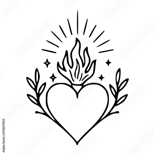 flaming sacred heart with laurels and stars