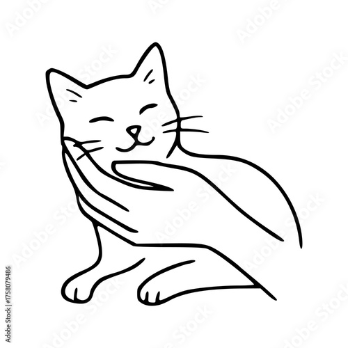 hand caressing happy cat line art vector