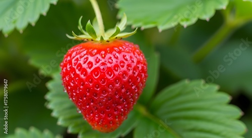Vibrant red strawberry on green leaves close up of fresh fruit