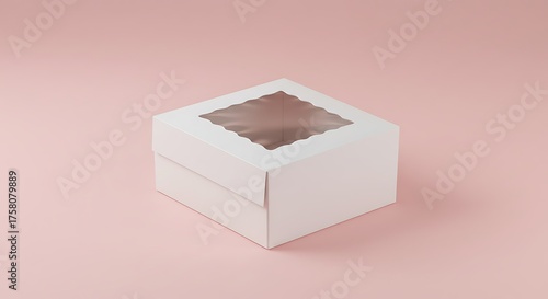A single white cupcake box with a clear window top, isolated on a pink background for commercial usage and mockups
