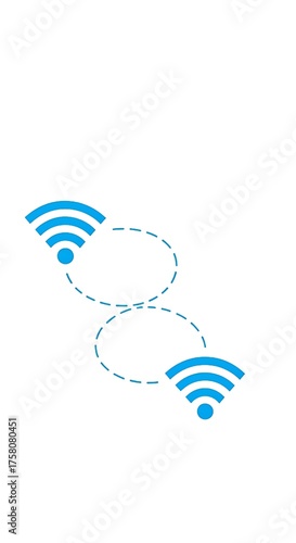 A clear, vector illustration depicts two mirrored Wi-Fi signal icons connected by a dotted, undulating line, symbolizing seamless data transfer, network bridge technology, and creative concept for glo