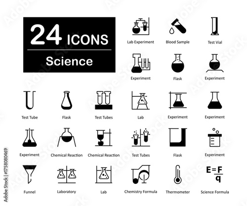 A set of 24 science icons as lab experiment, blood sample, test vial