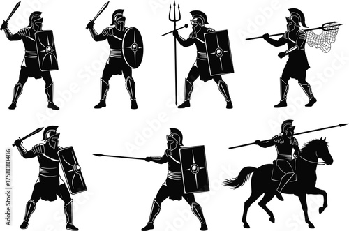 Ancient Roman gladiator silhouettes, combat poses, sword, spear, trident, net, shield, horse rider, historical warriors, vector illustration set