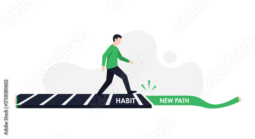 Person walks across a bridge from habit to new habits and positive outcomes