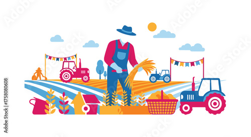 Joyful Farmer Harvests Golden Wheat Under Sunny Summer Skies With Tractors