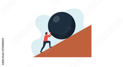 Person Pushing Large Rock Up Steep Hill Difficult Challenge Effort Perseverance