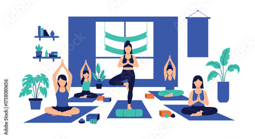 Group Yoga Class Practicing Various Poses in a Bright Studio