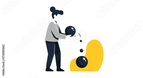 Person playing with balls tossing them into a yellow container illustration