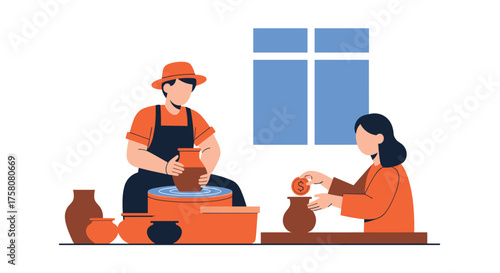Two Artists Crafting Clay Pots on a Pottery Wheel Together