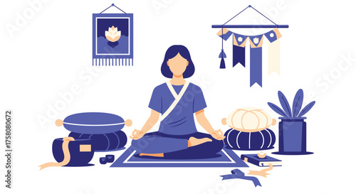 Serene Woman Practices Meditation in a Peaceful Room Surrounded by Cushions