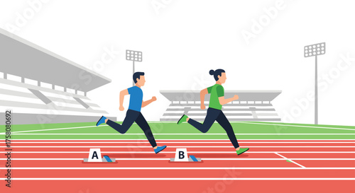Two athletes running on a race track during a competition