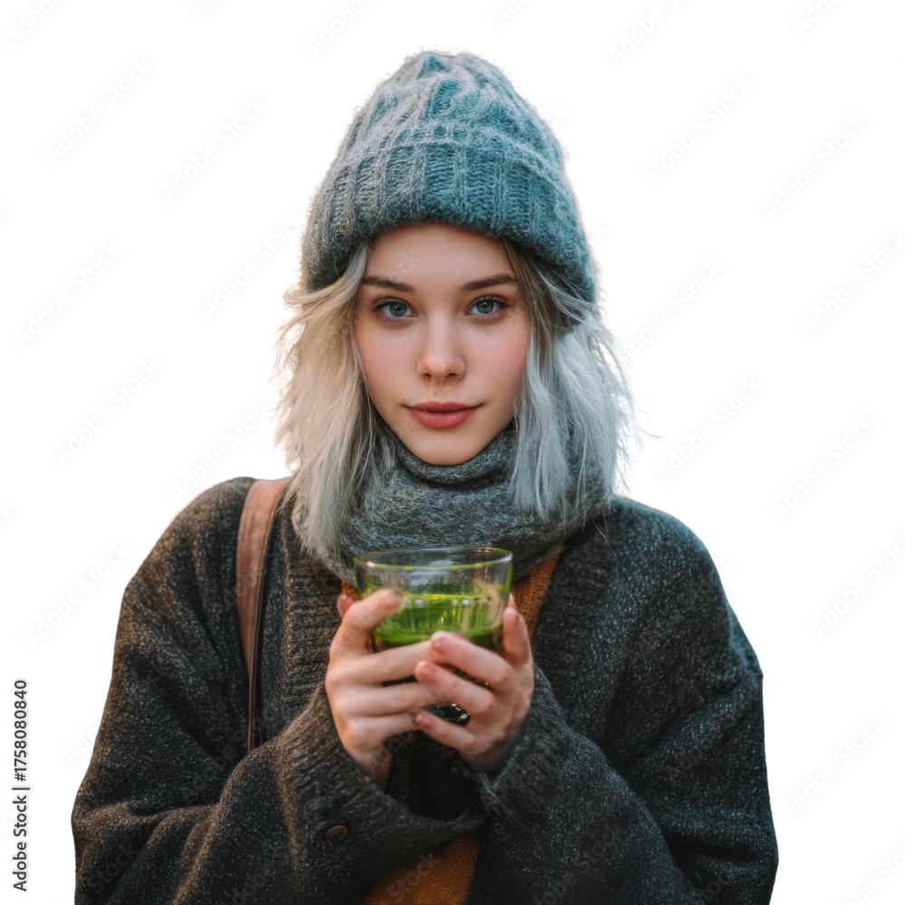 Fototapeta premium Cozy Winter Moment: A serene young woman, bundled up in a warm hat and scarf, cradles a delicate glass of tea, her eyes reflecting the calm of a winter day.