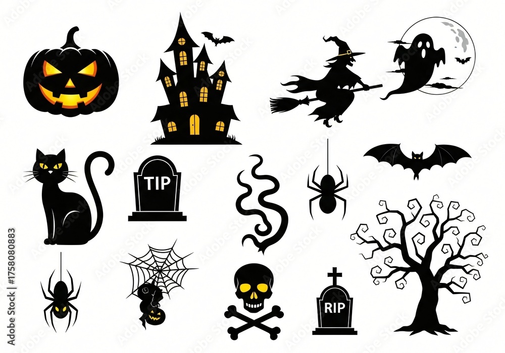Obraz premium Spooky Halloween icons including pumpkin haunted house witch ghost black cat spiders and tombstones