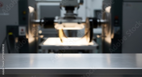 Closeup of a scientific microscope in a laboratory setting with a metal surface in the foreground for commercial usage and mockups