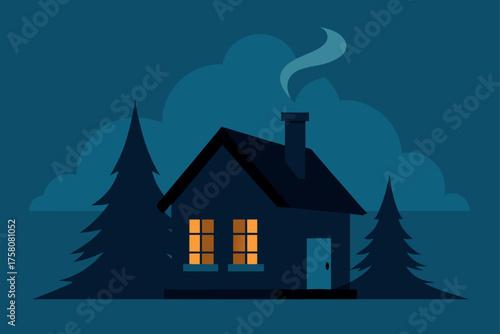 eerie cabin with smoke chimney