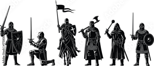 Medieval knight silhouette in battle poses, armor and weapon illustration, black vector design, isolated warrior character for historical combat themes