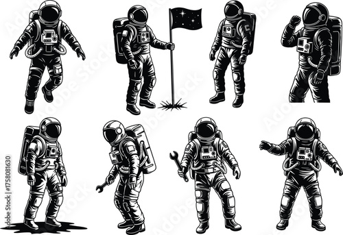 Astronaut silhouette in space mission poses, holding tools and flag, black and white vector, isolated space exploration character illustration