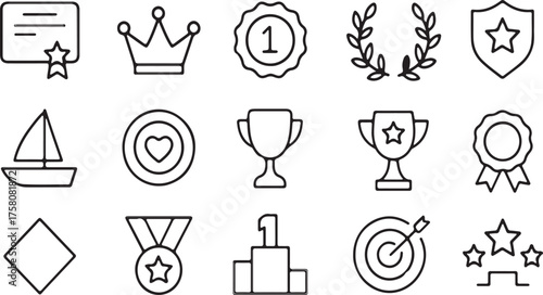  Awards Icon Set, Trophy Medal Badge Ribbon, Certificate and Crown Symbols, Flat Vector Achievement Icons, Winner Recognition Illustration