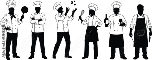 Chef silhouette in kitchen poses, cooking tools illustration, culinary professionals vector, black and white design, isolated restaurant staff concept