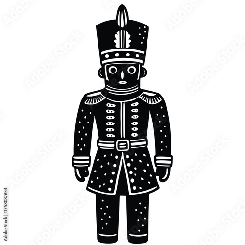 Black and white doll figurine of a woman in a fashion suit costume as a silhouette illustration