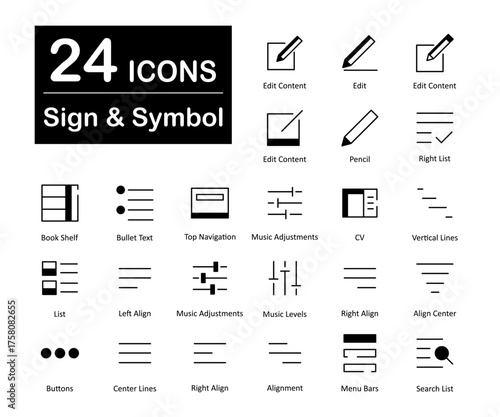 A set of 24 sign icons as edit content, edit, pencil