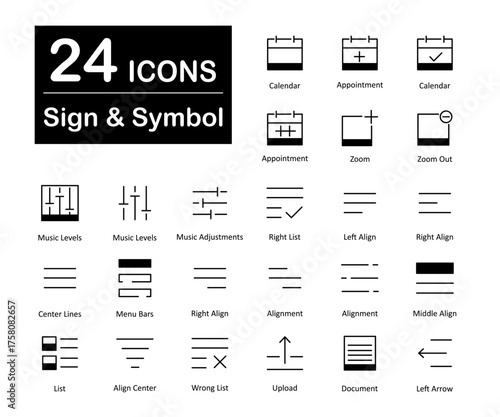 A set of 24 sign icons as calendar, appointment, zoom