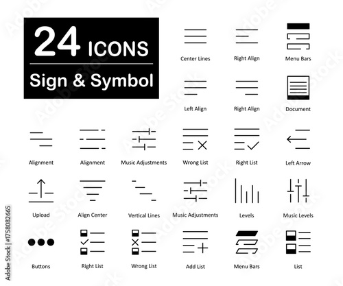 A set of 24 sign icons as center lines, right align, menu bars