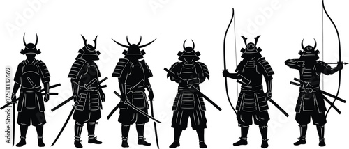 Silhouetted samurai warriors in traditional armor, holding swords and bows, Japanese martial art illustration, black and white vector design