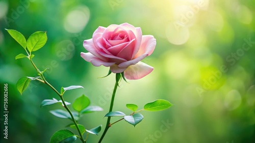 A Single Delicate Pink Rose Blooming in a Lush Green Garden, Bathed in Soft Sunlight