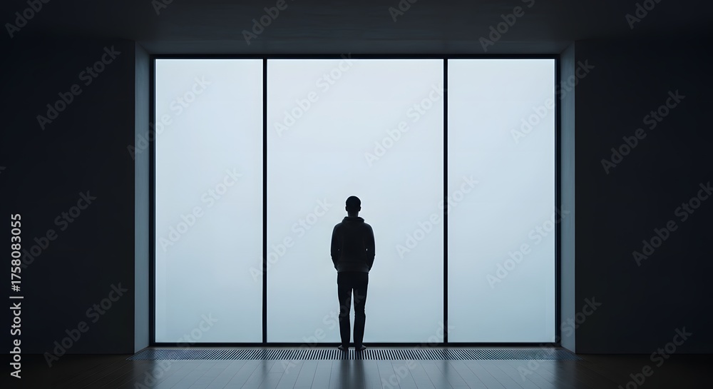 Obraz premium Silhouette of a lone man standing in a dark, minimalist room, looking out a large, bright window into the fog. This conceptual image represents solitude, contemplation, and facing the future