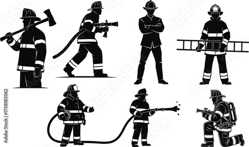 Firefighter silhouette vector, emergency response team, fire hose action, ladder carrying, axe holding, kneeling pose, protective gear, rescue illustration