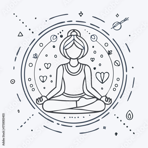 Serene Woman Meditating in Lotus Pose Surrounded by Symbols of Peace and Well-being