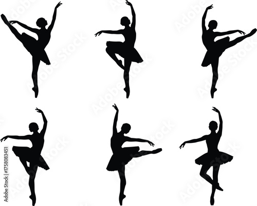 Ballet dancer silhouette, classical dance poses, elegant movement vector, black icons, pointe position, graceful arms, stage art illustration, performance