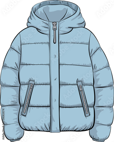 Winter puffer jacket, insulated outerwear, light blue coat, hooded quilted jacket, cold weather fashion, warm zippered apparel, flat vector illustration