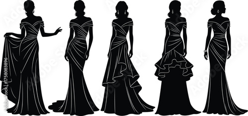 Elegant evening gown silhouettes, fashion illustration, formal dress vector, stylish outfit design, beauty, couture, glamour, female figure, black style