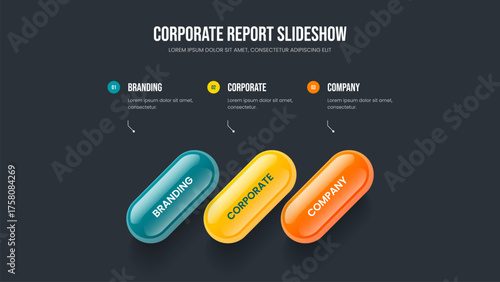 Creative Report 3 Step Infographic Frame Layout. Visual Review Three Element Diagram Slideshow Design. Professional Portfolio Presentation Template Vector Illustration.