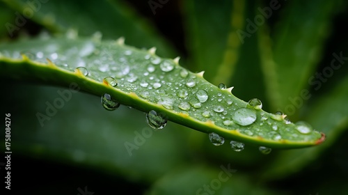 Nice photo of close up of aloe vera leaf with water drops in a natural environment.