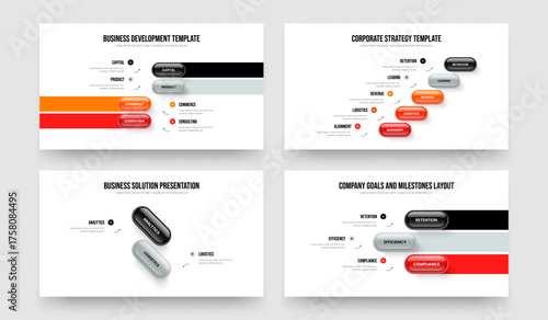 Financial Briefing Four Five Two Three Step Diagram Presentation Template Vector Illustration Set. Marketing Planning 4 5 2 3 Element Infographic Frame Design Bundle.